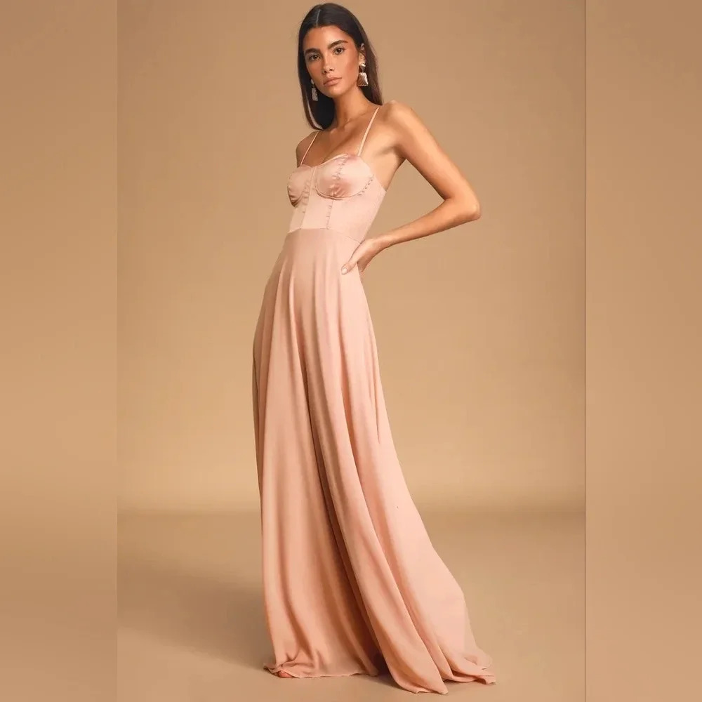 Lulus Best Part Of Me Blush Satin Bustier Maxi Dress L Wedding Party Guest Prom - Picture 3 of 11